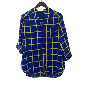 Antilia Femme Women’s XL Partial Button Grid Pattern Blouse 3/4 Roll Tab Sleeve